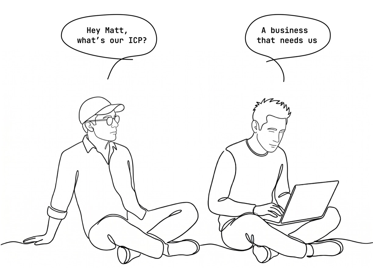 Line drawing of Nick and Matt sitting cross-legged on the floor. Nick — in a cap and glasses — asks &lsquo;Hey Matt, what&rsquo;s our ICP?&rsquo; Matt, with a laptop on his lap, replies &lsquo;A business that needs us&rsquo;.